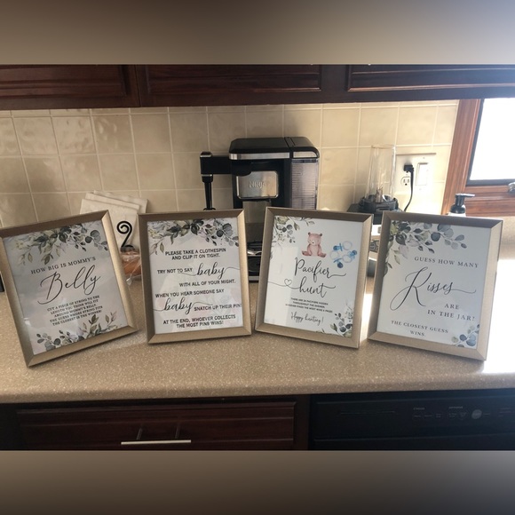 Baby shower game posters and 8x10 gold display frames